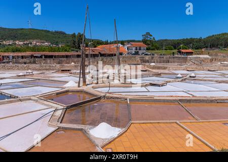 Rio Maior, Portogallo: 7 luglio 2024: Fonte da Bica Salt Flats, alias Salinas de Rio Maior, sistema di compartimenti d'acqua poco profondi e grondaie per sale extra Foto Stock