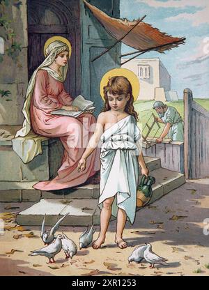 Illustrazione f il bambino Gesù Cristo che alimenta le colombe nella sua casa di Nazareth con la madre Maria e JosephAntico Libro Dio i del XIX secolo Foto Stock