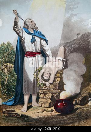 Illustrazione del processo della fede di Abramo - Abramo che offre Isacco dall'Antico XIX secolo la Bibbia illustrata della famiglia Nazionale con Commenta Foto Stock