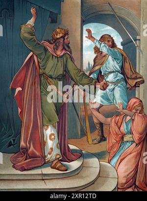 Illustrazione di re Saul che lancia la sua lancia contro David con l'intenzione di ucciderlo, ma ha mancato da Antique 19th Century Book God Is Love Bible Pictures A. Foto Stock