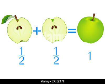 Relazione d'azione delle metà di aggiunta, esempi con le mele. Gioco educativo per bambini. Illustrazione Vettoriale
