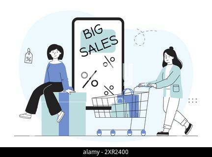 Donne con grandi vendite. Ragazze vicino a uno smartphone enorme. Sconti e promozioni, offerta speciale. Gli amanti dello shopping con gli acquisti. Outlet e negozio online. Lineare Illustrazione Vettoriale