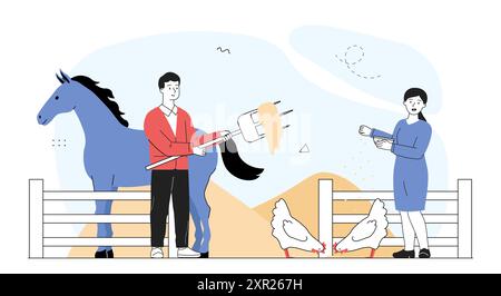 Lavoratori agricoli. L'uomo con rastrello dà fieno ai cavalli, la donna nutre i polli. Allevatori con animali domestici e bovini. Agricoltura e agricoltura. Lineare Illustrazione Vettoriale