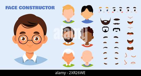 Set di costruttori uomo-faccia. Ragazzo felice con gli occhiali. Confezione di occhi, barbe e baffi per creare animazioni. Avatar sui social media. Vettore piatto Illustrazione Vettoriale