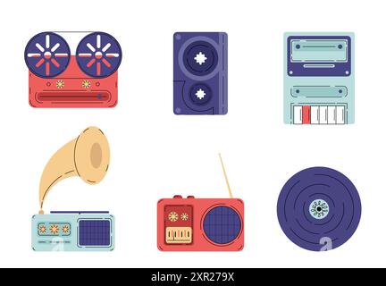 Set di musica. Gramophone, radio, lettore cassette e disco in vinile. Apparecchiature audio elettroniche per ascoltare musica e canzoni. Vettore piatto Illustrazione Vettoriale