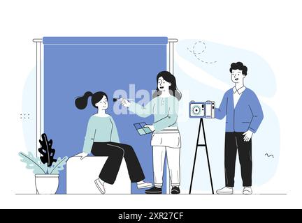 Persone alla sessione fotografica. Uomo con macchina fotografica e donna con spazzola e polvere applicare ai modelli faccia. Fotografi che scattano fotografie in studio. Lineare Illustrazione Vettoriale