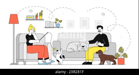 Persone con animali domestici a casa. Uomo e donna con gatto e cane seduti nell'appartamento. I proprietari si prendono cura degli animali domestici. Amore e cura. Vettore lineare Illustrazione Vettoriale