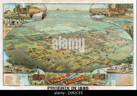 Mappa pittorica d'epoca della città di Phoenix, Arizona, 1885. Foto Stock
