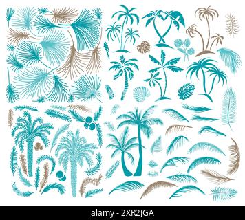 Disegna palme tropicali. Palme da spiaggia vintage disegnate a mano dalle Hawaii, set di palme e foglie di palma. Disegno a mano. Non ai, illustrazione vettoriale. Illustrazione Vettoriale