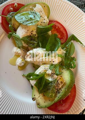 Primo piano di un'insalata di avocado, pomodoro, basilico e burrata, 2024, USA Foto Stock