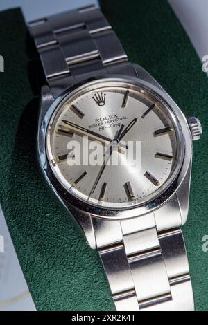 Primo piano dell'orologio da polso Rolex Air-King Vintage 1979, 2024, USA Foto Stock