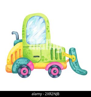 Carrello elevatore nei colori verde e giallo, auto in stile cartoni animati. Clipart color acquerello per veicoli da cantiere, adatto per progetti a tema magazzino, materiali per bambini o illustrazioni stradali. Foto Stock