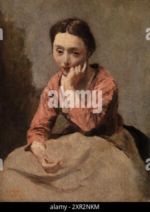 Giovane donna pensiva (Jeune femme pensive). Jean-Baptiste-Camille Corot. 1855-1860. Olio sul pannello (successivamente montato sul compensato). Foto Stock