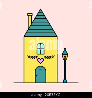 Bella illustrazione della casa. Vettore edificio giallo. Dettaglio finestra cuore. Design con sfondo rosa. Illustrazione Vettoriale