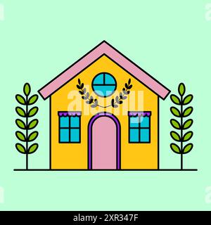 Illustrazione della casa gialla. Dettaglio tetto rosa. Vettore sfondo verde. Disegno in stile cartone animato. Illustrazione Vettoriale