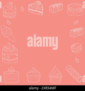 Cornice di diversi tipi di dolci in stile doodle. Illustrazione Vettoriale