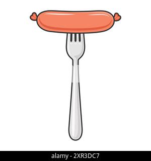 Icona Vector Flat Sausage and Fork isolata su sfondo bianco. Modello di design per salsicce e forcelle in stile cartoni animati, illustrazione dei colori di contorno. Cibo e. Illustrazione Vettoriale