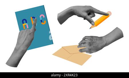 Ritorno a scuola collage con le mani mezzitoni. Cartoline, notebook, banner di design di tendenza. Illustrazione vettoriale. Illustrazione Vettoriale