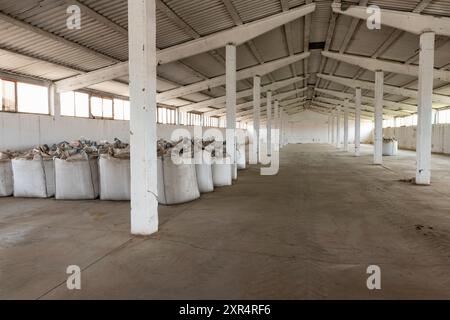 Interno di un magazzino contenente sacchi bianchi di grandi dimensioni con fertilizzanti. Foto Stock