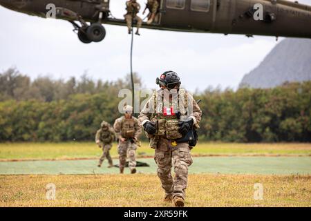 Soldati dell'esercito degli Stati Uniti del 2nd Battalion, 25th Aviation Regiment, 25th Combat Aviation Brigade, 25th Infantry Division, fornire supporto aereo su un UH-60 Black Hawk con più iterazioni Fast Rope Insertion and Extraction System (FRIES) per gli operatori della guerra speciale navale degli Stati Uniti e per il personale militare del Perù durante l'esercitazione Rim of the Pacific (RIMPAC) 2024 presso la Bellows Air Force Station, Hawaii, 30 luglio 2024. Ventinove nazioni, 40 navi di superficie, tre sottomarini, 14 forze terrestri nazionali, più di 150 aerei e 25.000 membri del personale partecipano al RIMPAC all'interno e intorno alle Hawaii Foto Stock