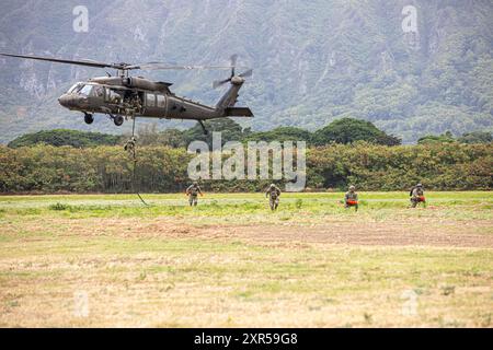 Soldati dell'esercito degli Stati Uniti del 2nd Battalion, 25th Aviation Regiment, 25th Combat Aviation Brigade, 25th Infantry Division, fornire supporto aereo su un UH-60 Black Hawk con più iterazioni Fast Rope Insertion and Extraction System (FRIES) per gli operatori della guerra speciale navale degli Stati Uniti e per il personale militare del Perù durante l'esercitazione Rim of the Pacific (RIMPAC) 2024 presso la Bellows Air Force Station, Hawaii, 30 luglio 2024. Ventinove nazioni, 40 navi di superficie, tre sottomarini, 14 forze terrestri nazionali, più di 150 aerei e 25.000 membri del personale partecipano al RIMPAC all'interno e intorno alle Hawaii Foto Stock