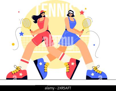 Illustrazione vettoriale di un giocatore di tennis che tiene in mano una racchetta con una palla sul campo durante una partita sportiva sullo sfondo piatto in stile cartone animato Illustrazione Vettoriale