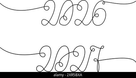 2026 2027 date di calendario disegnate a mano su una riga continua. Concetto di scrittura decorativa. Set di 2 isolati su idea bianca di benvenuto di Capodanno. Carte vettoriali, poster, banner, opuscoli, etichette o Web, promo Illustrazione Vettoriale