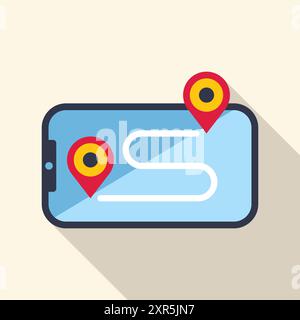Lo smartphone mostra la strada con due pin di navigazione che indicano il punto di partenza e il punto di destinazione Illustrazione Vettoriale