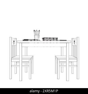 Struttura a reticolo di un tavolo rettangolare con due sedie di linee nere isolate su sfondo bianco. Libri e matite giacciono sul tavolo. PL. Bambini Illustrazione Vettoriale