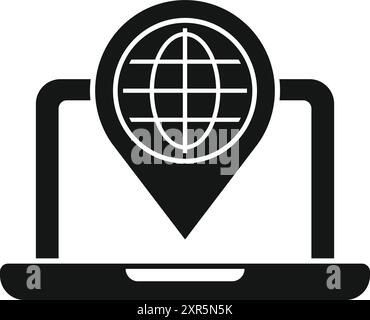 Laptop che mostra un globo all'interno di un pin della mappa, simboleggiando la connettività globale Illustrazione Vettoriale