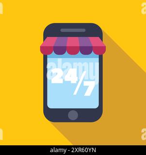 Smartphone con tendone che mostra 247, che rappresenta l'e-commerce e lo shopping online sempre disponibili Illustrazione Vettoriale