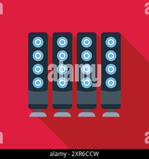 Quattro rack di server sono in piedi di fila e forniscono potenza di elaborazione in un data center Illustrazione Vettoriale