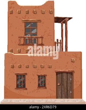 Casa in adobe a due piani con accenti in legno Illustrazione Vettoriale