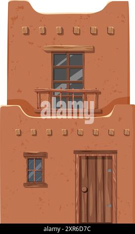 Casa in adobe a due piani con elementi in legno Illustrazione Vettoriale