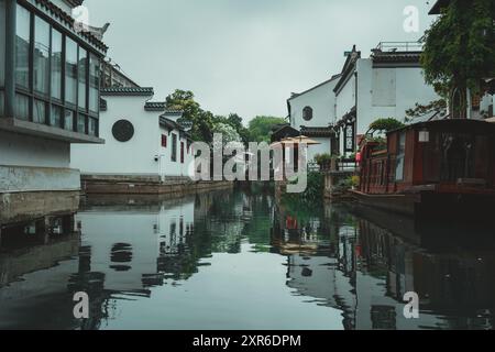 Un tranquillo canale attraversa il cuore di Suzhou, Cina, fiancheggiato da tradizionali edifici bianchi e lussureggiante vegetazione. Foto Stock