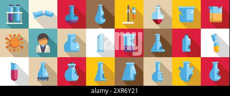 Set di icone della vetreria da laboratorio rotta. Questo set di icone include icone relative a esperimenti chimici, laboratorio chimico, matraccio di erlenmeyer, scienziato Illustrazione Vettoriale