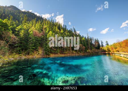 La piscina a cinque colori con acqua azzurra tra boschi autunnali Foto Stock