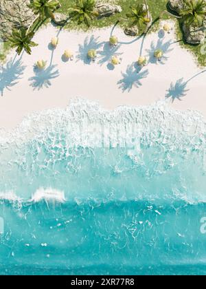 Rendering 3D di una vista dall'alto di una spiaggia di sabbia bianca con ombrelloni e ombre di palme, concetto di paradiso tropicale. Foto Stock