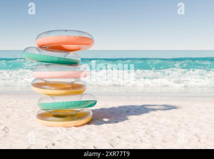 Rendering 3D di una pila di anelli da nuoto multicolore su una spiaggia di sabbia bianca con onde oceaniche sullo sfondo. Divertente e piacevole giornata estiva. Foto Stock