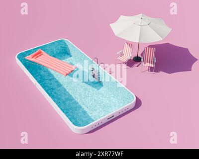 Rendering 3D di una piscina a forma di smartphone con lettino galleggiante e ombrello e sedie disposti su sfondo rosa, tecnologia, tempo libero, Foto Stock