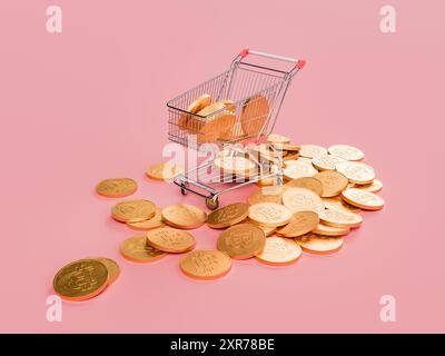 Rendering 3D di un carrello in metallo che rilascia una moltitudine di monete Bitcoin dorate su uno sfondo rosso pastello. Concetto di investimento in criptovaluta Foto Stock