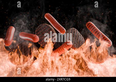 Vista ravvicinata di salsicce e hamburger alla griglia circondati da fiamme e fumo, creando un'intensa scena barbecue. Concetto di cucina all'aperto e grill Foto Stock