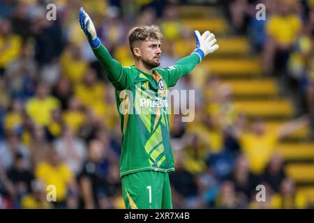 Broendby, Danimarca. 8 agosto 2024. Il portiere Kacper Tobiasz (1) della Legia Warszawa visto durante la partita di qualificazione della UEFA Conference League tra Broendby IF e Legia Warszawa al Broendby Stadion di Broendby. Credito: Gonzales Photo/Alamy Live News Foto Stock