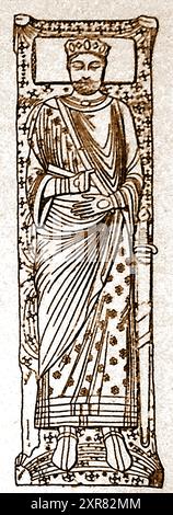 Un vecchio ritratto di re Enrico II d'Inghilterra (dalla sua immagine tombale). (1133-1189). Era anche conosciuto come Henry Fitzempress e Henry Curtmantle. Controllava l'Inghilterra e parti del Galles, dell'Irlanda, della Scozia, della Bretagna e della Francia. In quanto tale detenne i titoli di re d'Inghilterra, duca d'Aquitania, duca di Normandia, conte d'Angiò e duca d'Aquitania. - Un vieux portrait du roi Henri II d'Angleterre (d'après l'image de sa tombe). (1133-1189). Il était également connu sous le nom de Henry Fitzempress, Henry Curtmantle, duc d'Aquitaine, duc de Normandie, comte d'Anjou et duc d'Aquitaine. Foto Stock