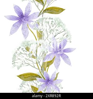 Bordo senza cuciture con fiori astratti di acquerello. Illustrazione floreale disegnata a mano per tessuti e altri disegni. Disegno botanico. Foto Stock