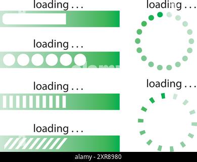 Barra di caricamento con icone orizzontali e rotonde. Icona di sistema per ricaricare il sito, l'applicazione o la pagina. Illustrazione verde universale del processo di download, Illustrazione Vettoriale