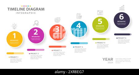 Modello di diagramma della timeline dell'infografica colorata per le aziende. Calendario a 6 fasi del diagramma della cronologia moderna con argomenti a cerchio colorato e vettore di presentazione Illustrazione Vettoriale