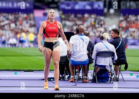 Parigi, Francia. 7 agosto 2024. PARIGI, FRANCIA - 7 AGOSTO: La Svizzera Angelica Moser reagisce dopo il suo salto di successo durante la finale della Vault femminile il dodicesimo giorno dei Giochi Olimpici di Parigi 2024 allo Stade de France il 7 agosto 2024 a Parigi, Francia. (Daniela Porcelli/SPP) credito: SPP Sport Press Photo. /Alamy Live News Foto Stock