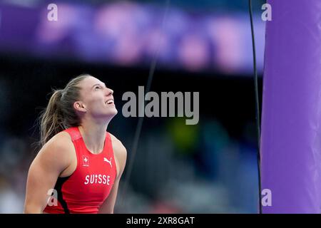 Parigi, Francia. 7 agosto 2024. PARIGI, FRANCIA - 7 AGOSTO: La Svizzera Angelica Moser reagisce dopo il suo salto di successo durante la finale della Vault femminile il dodicesimo giorno dei Giochi Olimpici di Parigi 2024 allo Stade de France il 7 agosto 2024 a Parigi, Francia. (Daniela Porcelli/SPP) credito: SPP Sport Press Photo. /Alamy Live News Foto Stock