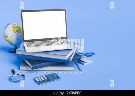 Laptop posizionato su una pila di libri blu con varie forniture scolastiche come un globo, una calcolatrice e una lente di ingrandimento su sfondo blu. Concetto di ed Foto Stock